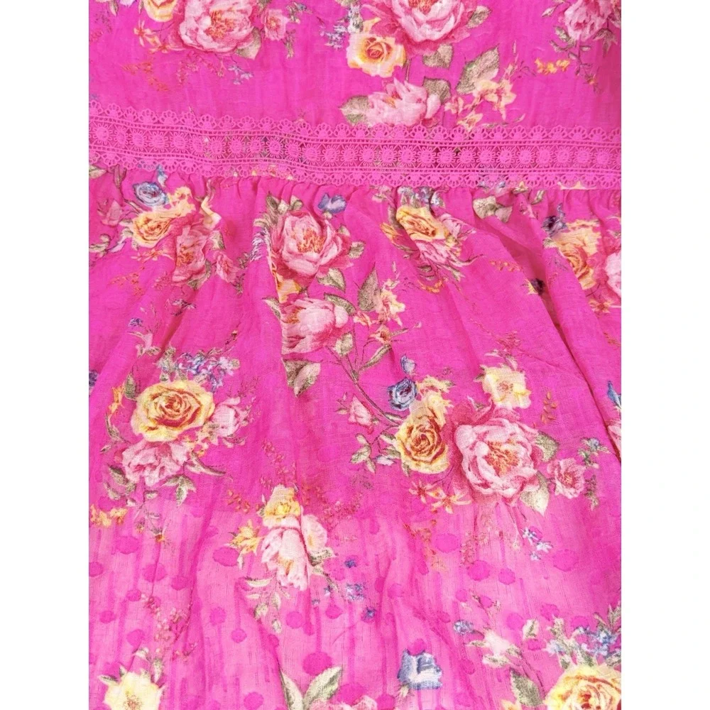 Blu‎ Pepper Pink Floral Lace Trim Maxi Dress Cottagecore Boho Romantic Size L